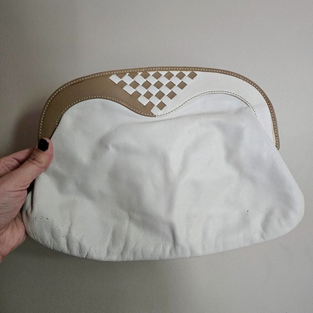 Vintage Italian White Genuine Leather Clutch Bag with Checkboard Accent